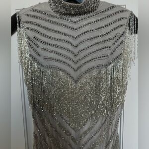 Deco Crystal Embellished High Neck Maxi Evening Gown Dress